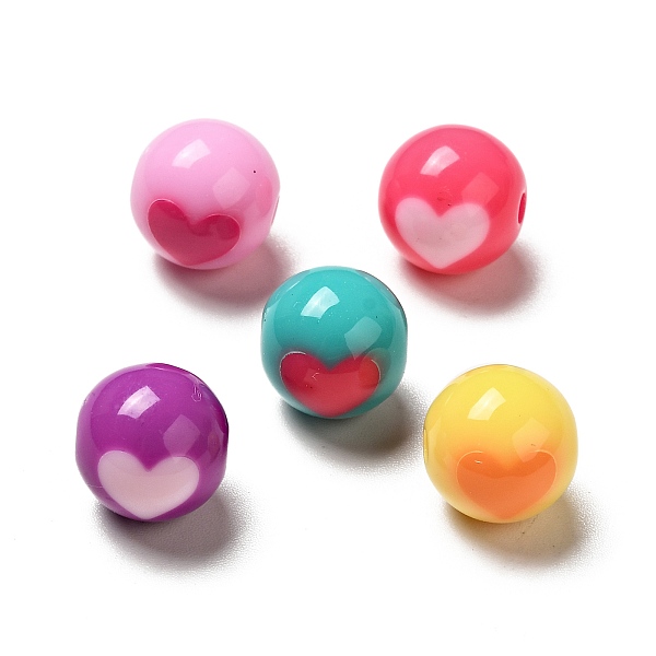 Honeyhandy Two Tone Opaque Acrylic Beads Round With Heart Mixed Color