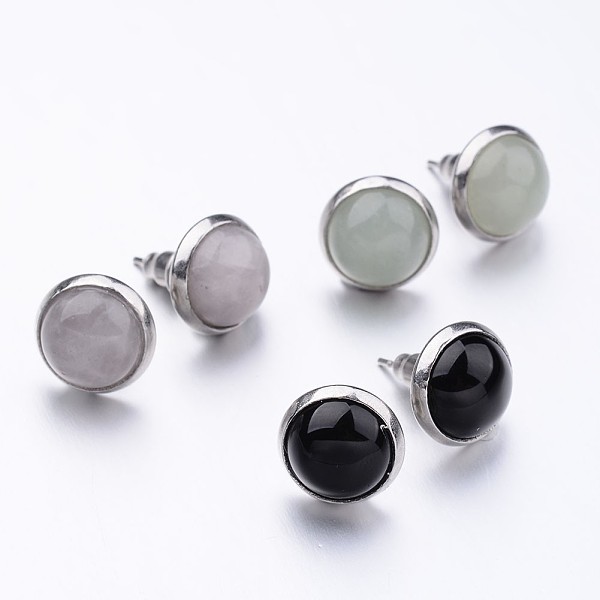 Honeyhandy Stainless Steel Stud Earrings With Mixed Stone Cabochon