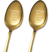 GLOBLELAND 2Pcs Calories Don't On This Spoon with Gift Box Golden Stainless Steel Table Spoons for Friends Families Festival Christmas Birthday Wedding, 7.2''