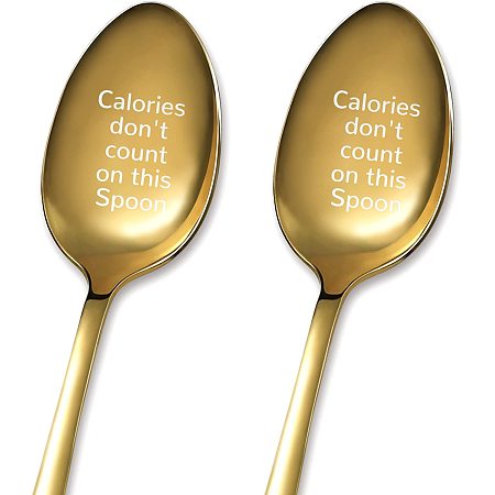 GLOBLELAND 2Pcs Calories Don't On This Spoon with Gift Box Golden Stainless Steel Table Spoons for Friends Families Festival Christmas Birthday Wedding, 7.2''