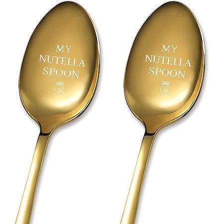 GLOBLELAND 2Pcs My Nutella Spoon with Gift Box Golden Stainless Steel Table Spoons for Friends Families Festival Christmas Birthday Wedding Anniversary Gifts,7.2''