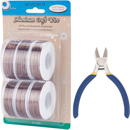 BENECREAT 6 Rolls 20 Gauge Aluminum Craft Wire 708 Feet Jewelry Beading Wire with 1PCS Side Cutting Plier for Jewelry Making Craft, Brown