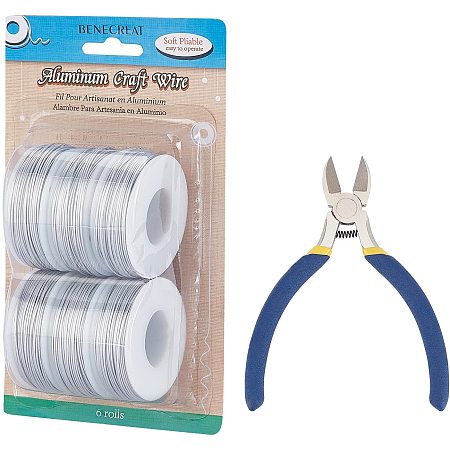 BENECREAT 6 Rolls 708 Feet Silver Matte Aluminum Wire 20 Gauge Jewelry Craft Wire with 1PC Side Cutting Pliers for Earring Necklace Beading Making