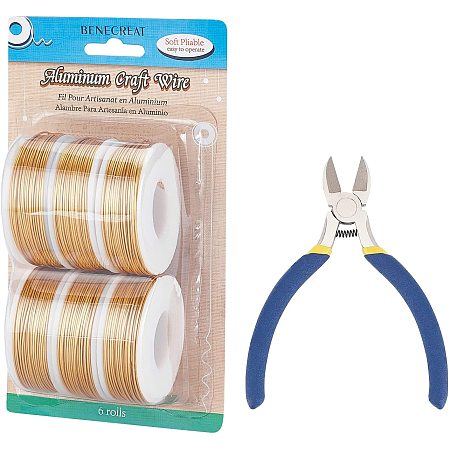 BENECREAT 6 Rolls 708 Feet Gold Matte Aluminum Wire 20 Gauge Jewelry Craft Wire with 1PC Side Cutting Pliers for Earring Necklace Beading Making