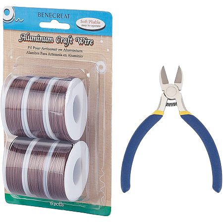 BENECREAT 6 Rolls 708 Feet Matte Aluminum Wire 20 Gauge Brown Jewelry Craft Wire with 1PC Side Cutting Pliers for Earring Necklace Beading Making