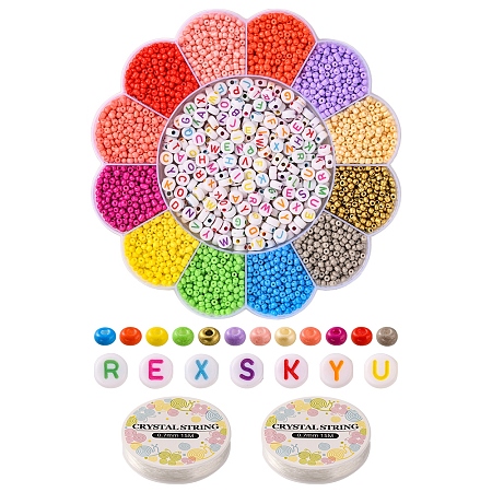 Honeyhandy DIY Letter Bracelet Making Kit, Including Craft Acrylic & Glass Round Seed Beads, Elastic Thread, Mixed Color, 3370Pcs/set