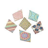 ARRICRAFT 10pcs Printed Wooden Big Pendants for Jewelry and Craft Making, Rhombus with Pattern, Mixed Color, 74.5x50x2.5mm, Hole: 1.5mm