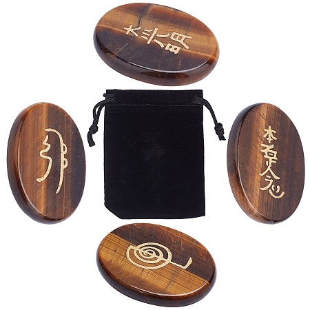 GORGECRAFT 4Pcs Tiger Eye Reiki Stones Engraved Rune Palm Stone Set Balancing and Positive Energy Generator for Meditation Divination Chakra Healing