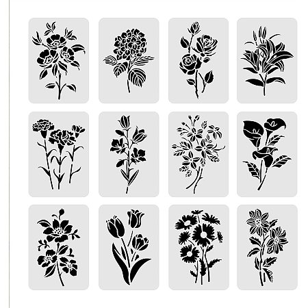 BENECREAT 12PC 8x12 Inches Sunflower Plastic Stencils Rose Plastic Drawing Templates for Scrabooking Card Making, DIY Wall Floor Decoration