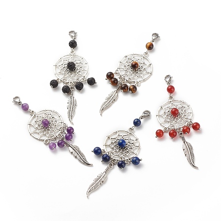 Natural Gemstone Pendant Decorations, Woven Web/Net with Feather Hanging Ornaments, Lobster Clasp Charms, 87mm