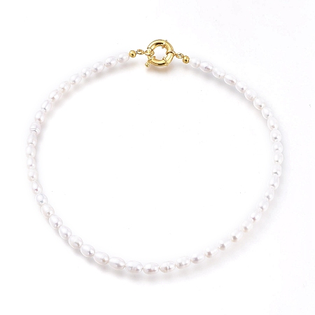 Honeyhandy Natural Cultured Freshwater Pearl Beaded Necklaces, with Brass Spring Ring Clasps, Rice, Creamy White, Golden, 15.94 inch(40.5cm)