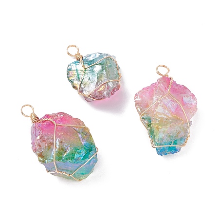 Honeyhandy Rough Raw Natural Quartz Pendants, with Real 18K Gold Plated Eco-Friendly Copper Wire, Nuggets, Colorful, 36~43x24~27.5x11~17mm, Hole: 4.7mm