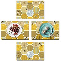 CREATCABIN Bee Placemats Set of 4 Chrysanthemum Table Mats Honeycomb Flower Summer Natural Soft Linen Fabric Kitchen Non-Slip Insulation Washable for Holidays Wedding Party Farmhouse 18 x 12inch