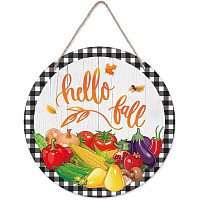 Arricraft Hello Fall Wooden Flat Round Hanging Door Sign Colorful Vegetables and Fruits Pattern Wood Sign Wall Hanging Decor for Farmhouse Porch Front Door Outdoor Decoration 11.8x11.8in
