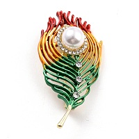 ARRICRAFT Feather Alloy Brooch with Resin Pearl, Exquisite Rhinestone Lapel Pin for Girl Women, Golden, Colorful, 57x29.5x12mm, Pin: 0.8mm