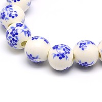 Honeyhandy Handmade Flower Printed Porcelain Ceramic Beads Strands, Round, Blue, 10mm, Hole: 2mm, about 35pcs/strand, 13.5 inch