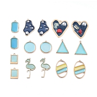 Epoxy Resin Pendants, with Golden Tone Alloy Findings, Heart & Rectangle & Flamingo Shape & Flat Round & Oval & Triangle, Blue, 21.5~40x15~34.5x1.5~6.5mm, Hole: 1.6~3mm, 16pcs/set
