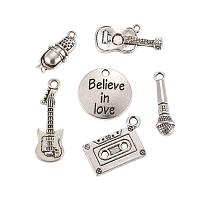 ARRICRAFT 30pcs 6 Styles Antique Silver Tibetan Music Theme Musical Instruments Alloy Charms Pendants for DIY Jewelry Making(Microphone, Tape, Guitar)