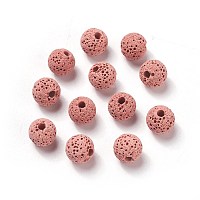 Unwaxed Natural Lava Beads, for Perfume Essential Oil Beads, Aromatherapy Beads, Dyed, Round, Flamingo, 8.5mm, Hole: 1.5~2mm