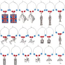 BENECREAT 20 Sets British Theme Wine Glass Charms, Drink Markers Tags with 12 Style Pendants, Beads and Hoop Earrings for Cocktail Champagne Party Favors Decoration