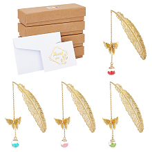 GLOBLELAND Glass Ball & 3D Brass Butterfly Pendant Bookmarks, with Paper Thank You Greeting Card & Envelopes, Cardboard Boxes, Golden