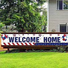 FINGERINSPIRE 118x20inch Welcome Home Blue Porch Banners with Hanging Rope Rectangle Deployment Returning Party Supplies Military Army Homecoming Party Decora for Outdoor & Indoor Hanging Decor