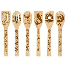 GLOBLELAND 6Pcs Bamboo Spoons & Knifes & Forks, Flatware for Dessert, Mermaid Pattern, 60x300mm, 6 style, 1pc/style, 6pcs/set