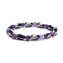 Honeyhandy Round Natural Amethyst Stretch Bracelets, with Non-Magnetic Synthetic Hematite Beads and Elastic Cord, 50mm