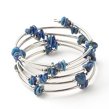 Honeyhandy 5-Loop Natural Lapis Lazuli Chip Beaded Wrap Bracelets for Women, Steel Memory Wire Bracelet, Platinum, Inner Diameter: 2-1/8 inch(5.45cm)