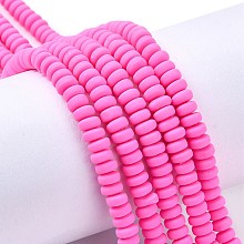 Honeyhandy Handmade Polymer Clay Beads Strands, for DIY Jewelry Crafts Supplies, Flat Round, Hot Pink, 6~7x3mm, Hole: 1.5mm, about 113~116pcs/strand, 15.55 inch~16.14 inch(39.5~41cm)