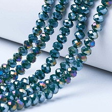 Honeyhandy Electroplate Glass Beads Strands, Opaque Solid Color, AB Color Plated, Faceted, Rondelle, Teal, 3.5~3.8x3mm, Hole: 0.4mm, about 113~115pcs/strand, 32~33cm