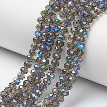 Honeyhandy Electroplate Glass Beads Strands, Half Plated, Blue Plated, Faceted, Rondelle, Coffee, 4x3mm, Hole: 0.4mm, about 123~127pcs/strand, 16.5~16.9 inch(42~43cm)