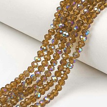 Honeyhandy Electroplate Glass Beads Strands, Half Rainbow Plated, Faceted, Rondelle, Dark Goldenrod, 4x3mm, Hole: 0.4mm, about 123~127pcs/strand, 16.5~16.9 inch(42~43cm)