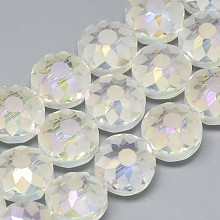 Honeyhandy Electroplate Glass Beads Strands, Frosted, Rainbow Plated, Faceted, Flat Round, Clear AB, 14x8~10mm, Hole: 1.5mm, about 50pcs/strand, 26.77 inch