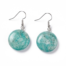 Honeyhandy Natural Amazonite Flat Round Dangle Earrings, Platinum Brass Jewelry for Women, 42mm, Pin: 0.7mm