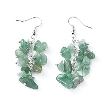 Honeyhandy Dangle Earrings, Cluster Earrings, with Natural Green Aventurine Chips and Platinum Plated Brass Earring Hooks, 60~63mm, Pin: 0.5mm