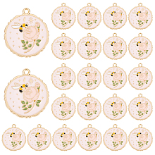 PandaHall Elite 30Pcs Rack Plating Alloy Enamel Pendants, Cadmium Free & Nickel Free & Lead Free, Light Gold, Flat Round with Flower & Bees, Pink, 28x25x1.5mm, Hole: 1.8mm