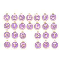 Honeyhandy Initial Letter A~Z Alphabet Enamel Charms, Flat Round Disc Double Sided Charms, Golden Plated Enamelled Sequins Alloy Charms, Medium Purple, 14x12x2mm, Hole: 1.5mm, 26pcs/set