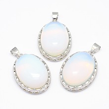 Honeyhandy Opalite Pendants, with Brass Findings, Oval, Platinum, 30x21x10~11mm, Hole: 6x4mm