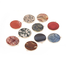 Honeyhandy Natural Mixed Gemstone Pendants, with Brass Findings, Flat Round, Golden, 32~34x28.5~31x2mm, Hole: 1.6mm