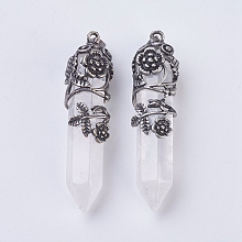 Honeyhandy Natural Quartz Crystal Pointed Pendants, with Antique Silver Plated Brass Findings, Faceted, Bullet, Flower, 58~61x15~17mm, Hole: 5x7mm