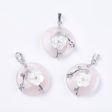 Honeyhandy Natural Rose Quartz Pendants, with Shell, Rhinestone and Platinum Tone Brass Findings, Flat Round with Flower, 35.5~36x28x8mm, Hole: 5x8mm