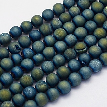 Honeyhandy Electroplate Natural Druzy Agate Beads Strands, Round, Frosted, Green Plated, 8mm, Hole: 1mm, about 45~48pcs/strand, 14.9 inch(38cm)