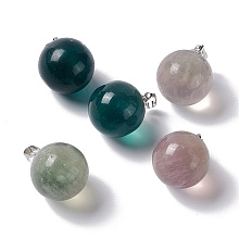 Natural Fluorite Pendants, with Platinum Tone Brass Findings, Round Charm, 22x18mm, Hole: 3x6mm