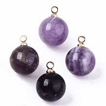 Honeyhandy Natural Amethyst Charms, with Golden Plated Brass Loops, Round, 14x10.5mm, Hole: 1.5mm