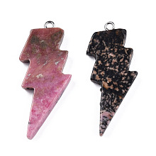 Honeyhandy Natural Rhodonite Pendants, Lightning Bolt Charm, with Stainless Steel Color Tone 304 Stainless Steel Loops, 40~44.5x17~20x4.5~6mm, Hole: 2mm