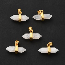 Honeyhandy Natural Moonstone Double Terminal Pointed Pendants, Faceted Bullet Charm, with Ion Plating(IP) Golden Plated Brass Findings, 9x15~17x7.5mm, Hole: 3.5x2.5mm