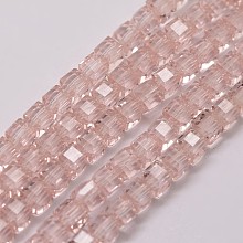 Honeyhandy Transparent Glass Bead Strands, Cube, Faceted, Pink, 4x4x4mm, Hole: 1mm, about 100pcs/strand, 16.5 inch