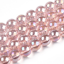 Electroplate Transparent Glass Beads Strands, AB Color Plated, Round, Misty Rose, 9.5~10mm, Hole: 1.5mm, about 40~42pcs/strand, 14.76~15.12 inch(37.5~38.4cm)