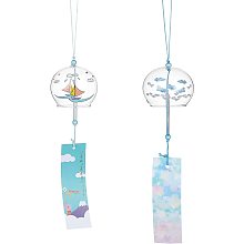 BENECREAT 2Pcs 2 Styles Boat Bird Pattern Glass Wind Chime with Blue Polyester Cord Paper for Outdoor Indoor Decor